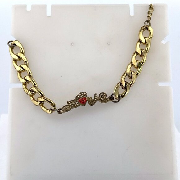 Estate Gold Tone Chunky Chain Bracelet “Love” Script with Rhinestones & Heart - Picture 1 of 5